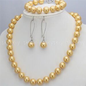Women Jewelry 12mm Multi-color Shell Pearl Necklace Bracelet Earrings Set 