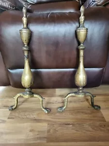 Vintage Antique Cast Iron Brass Fireplace Andirons With Claw Feet - Picture 1 of 9