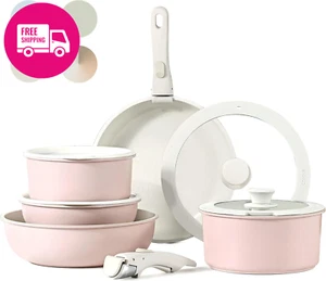 11Pcs Nonstick Cookware Set with Detachable Handle, Induction & Oven Safe, Pink - Picture 1 of 12