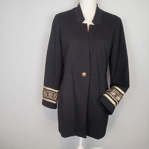 Chicos Blazer Jacket long coat blazer Size 1 Black Ponte Cuff Gold Embroidered - Picture 1 of 14
