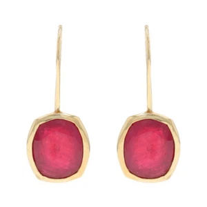 Yellow Gold Ruby Drop Earrings - 10k Cushion Pierced Lead Glass Filled - Picture 1 of 7