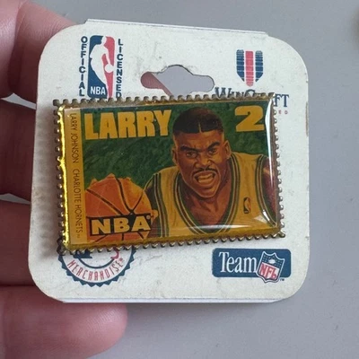 Vintage WinCraft Larry Johnson #2 Charlotte Hornets NBA Enamel Pin Card Stamp - Image 1 of 4