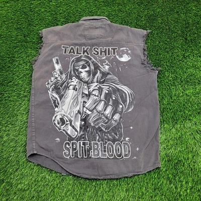 Vintage Y2K Skull Biker Cutoff Button Shirt XL 23x29 Faded - Image 1 of 4