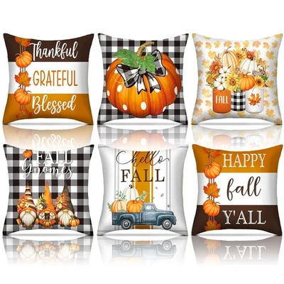 6 Pcs Fall Pumpkin Pillow Covers 18 x 18 Inch Fall Gnome Leaves Pillow Covers... - Image 1 of 4
