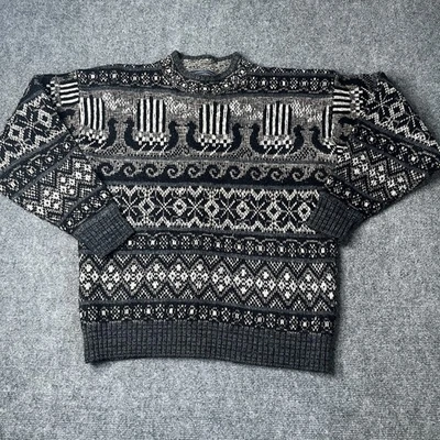 Vtg 80s Crossings Wool Blend Sweater Chunky Knit Dad Grandpa Style Viking Ship - Image 1 of 4