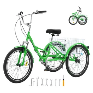 VEVOR Foldable Tricycle Adult 24" Adult Tricycle 7-Speed 3 Wheel Green Bikes - Picture 1 of 12