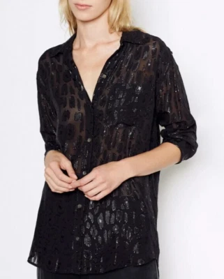 Blusa negra grande Equipment Femme Daddy con estampado de leopardo metálico mezcla seda Foto 1 de 4