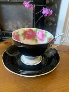 Vintage Black White Royal Albert Pink Cabbage Roses Teacup & Saucer, - Picture 1 of 9