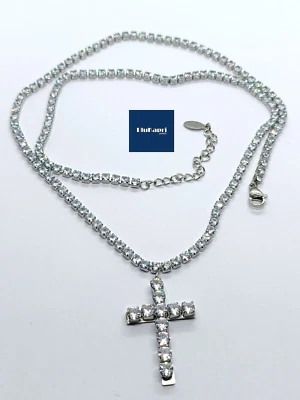 Collana  tennis in acciaio rodiato con croce zirconi bianchi 4 mm collana uomo - Immagine 1 di 4