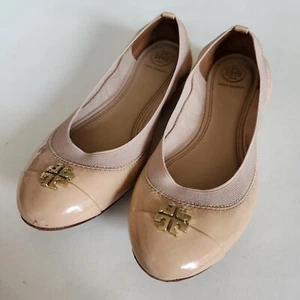 Tory Burch Caroline Nude Patent Leather Flats 9M With Elastic Band Leather Sole - Picture 1 of 5