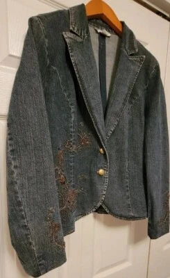 Casual Corner Denim Jean Jacket Size 14 Beaded Floral Design Two Button Front - Image 1 of 4
