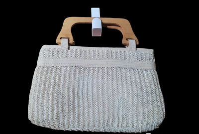 Vintage MCI Wooden Handle Woven Straw Raffia Clutch Purse Bag BOHO Cream - image 1 of 4