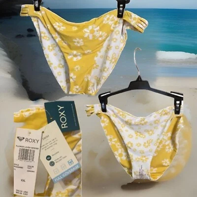 Biquíni Roxy flor amarela parte inferior hipster reversível cobertura total natação XXL - Imagem 1 de 3