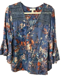 Vintage America Women's Size L Boho Split V Neck Blue Pink Floral 3/4 Sleeve Top - Picture 1 of 6