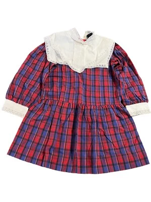 Vintage 1980s My Very Own Collection Girls 6 Blue Red Plaid Lace Dress Holiday - Image 1 of 4