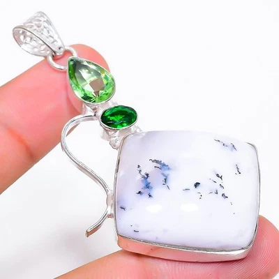 Pendente In Argento Sterling 925 Con Gemma Dendrite Opale E Tsavorite 2.60" - Immagine 1 di 4