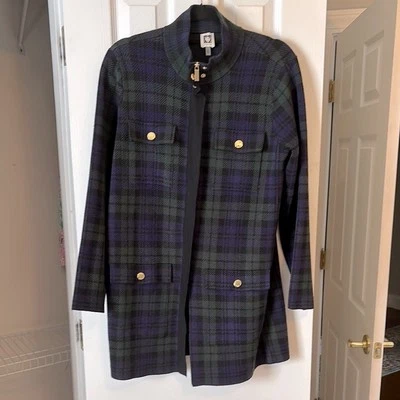 Cárdigan Anne Klein Medio Azul Verde Tartán Cuadros Larga Línea Tejido Chaqueta con Cremallera Foto 1 de 4