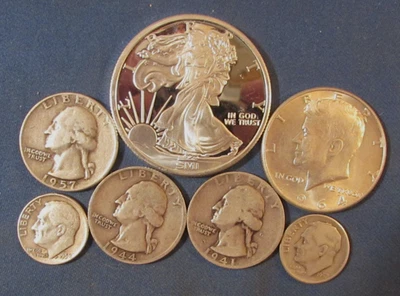 LOTE 6 MONEDAS DE PLATA DE EE. UU. Y 1 OZ PLATA 999 LIBERTAD Y ÁGUILA REDONDAS 1964 MEDIO $ ETC Foto 1 de 3