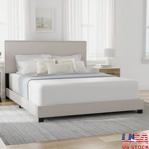 Upholstered Queen Bed W/ Nailhead Trim Solid Wood Frame Assembly Required New - Picture 1 of 17
