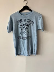 Vintage Hug A Nurse Shirt Mens XS Light Blue Spruce Graphic Tee Healthy 70s - Picture 1 of 5