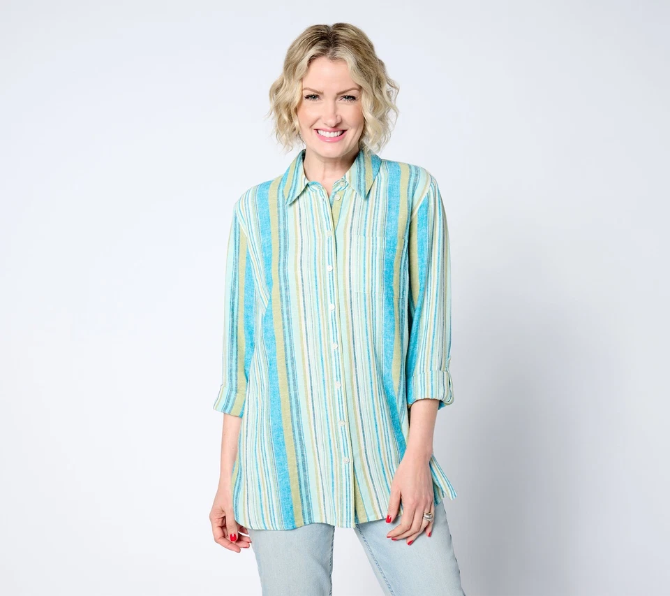 Denim & Co. Túnica Regular Mescla de Linho Botão-Frente Top DeepLagoonStrpe GG Nova - Imagem 1 de 1