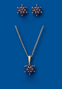 Gold Sapphire Pendant Earrings Set Cluster Solid Yellow Gold Hallmarked - Picture 1 of 3
