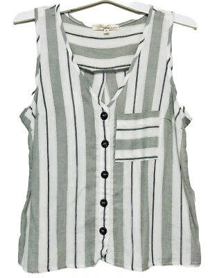 Rewind Women's Top Sleeveless Button Front Breast Pocket Striped Sage Olive Sz M - Image 1 of 4
