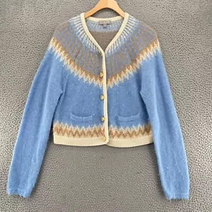 Maglione J Crew donna blu medio chevron misto lana alpaca cardigan bottoni fuzzy - Foto 1 di 10