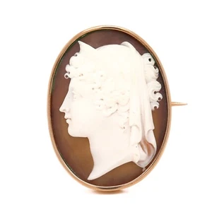 Antique 10K Gold Carved Shell Cameo Brooch of the Goddess Hera (or Juno) - Picture 1 of 11