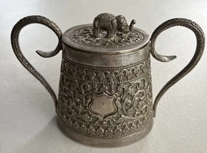 Antique Indian Silver Hand Engraved Snake Handle Elephant Finial Sugar Bowl - Picture 1 of 11
