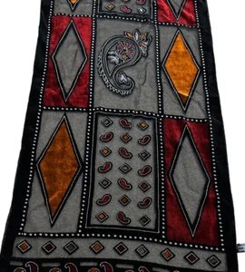 Vtg Viscose Silk Oblong Velvet Burnout Geometric Paisley Long Scarf Black BOHO - Picture 1 of 8