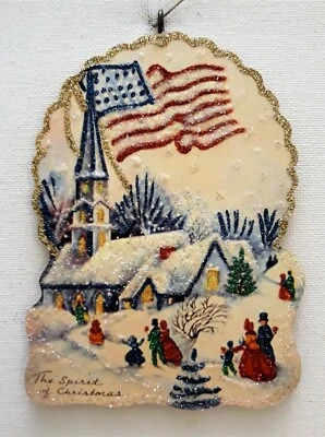 STROMBOLI'S WAGON AMERICAN FLAG Above SNOWY CHURCH SCENE * Glitter CHRISTMAS ORNAMENT * Vtg Img