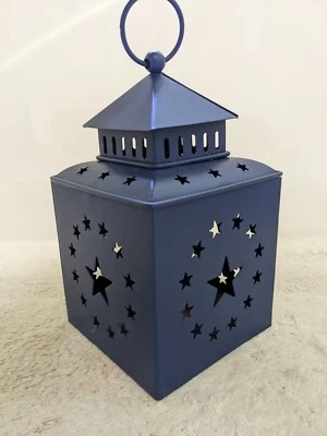 Rustic Barn Star Blue Metal Lantern For LED Candle Holder Patriotic 4th July New - Image 1 of 4