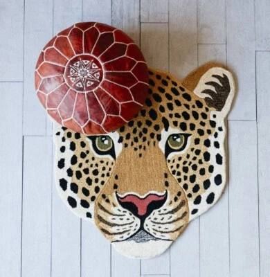 Alfombras faciales de leopardo 3x3 pies hechas a mano 100 % lana acolchadas a mano para decoración del hogar Foto 1 de 4