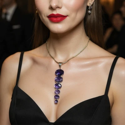 Elegante colgante de zafiro púrpura hecho a mano | Corte ovalado de 6 piedras | Cadena libre de 50 quilates Foto 1 de 4