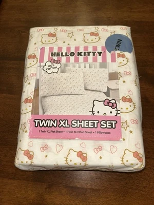 NEW Hello Kitty by Sanrio 100% Cotton Pink Gold TWIN XL Sheet Set 3pc - Image 1 of 3