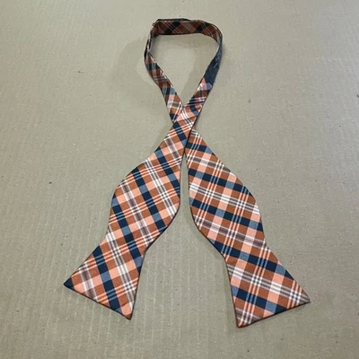 Hisdern Adjustable 2.5" Self Tie Bow Tie Silk Orange & Navy Plaid Party Festive - Image 1 of 4