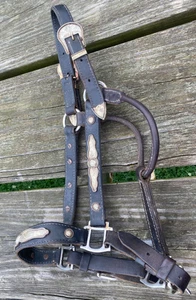 Used/vintage US made dark brown leather Western show halter w/Alpaca silver - Bild 1 von 6