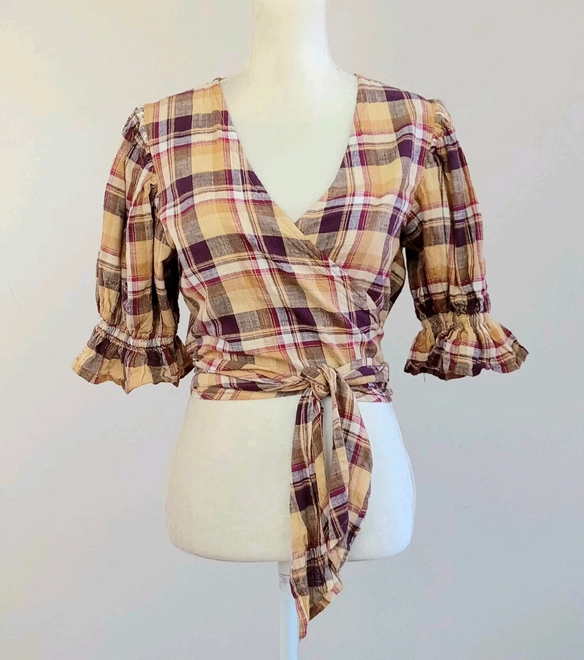 Pequeñas Hijas de la India Algodón MEERA Marrón-Clavo Cuadros Manga Abullonada ENVOLTURA TOP Foto 1 de 4