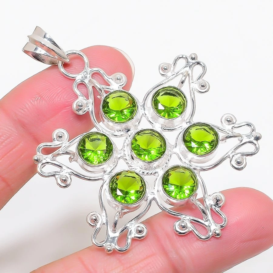 Gree Peridot Gemstone  925 Sterling Silver Jewelry Pendant Size 2.6'' - Image 1 of 1