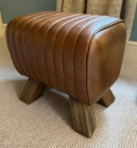 Brown Leather Stool / Footstool Wood Legs Pommel Horse Style Retro Vintage - Picture 1 of 8