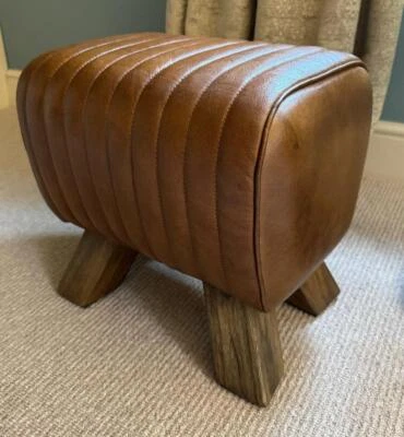 Brown Leather Stool / Footstool Wood Legs Pommel Horse Style Retro Vintage - Image 1 of 4