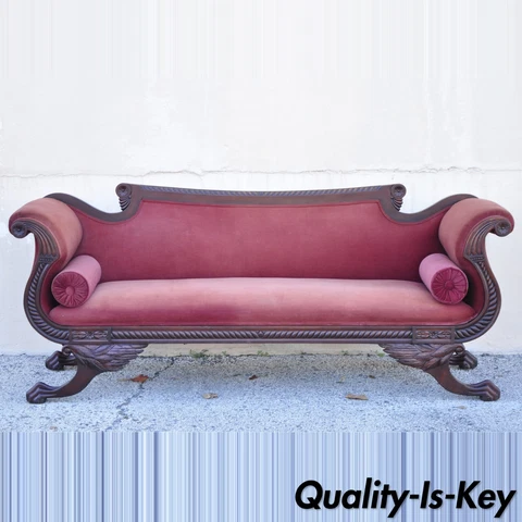 Antique American Empire Mahogany Frame Carved Paw Feet Scroll Arm Sofa Cover