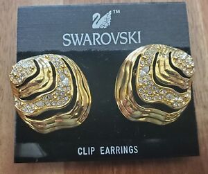 New Vintage Swarovski Swan Clear Rhinestone Gold Tone Clip On Earrings 