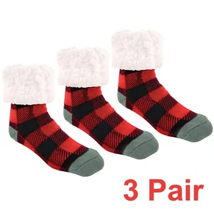 Pudus Slipper Sock Lumberjack Red BLK Plaid Buffalo Check Cozy Fuzzy Winter Warm - Picture 1 of 9
