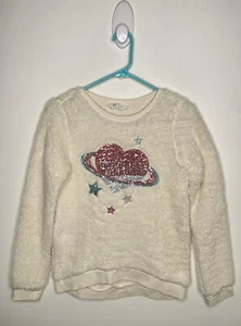 H&M Fleece Sweater Girls Size 14 Plus Sequin Star Heart Pullover Long Sleeve - Picture 1 of 4