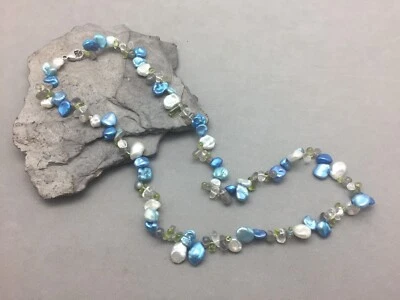 Genuine Pearl Necklace Baroque Blue & Green w/ Peridot Beads 20" Sterling Silver - Image 1 of 4