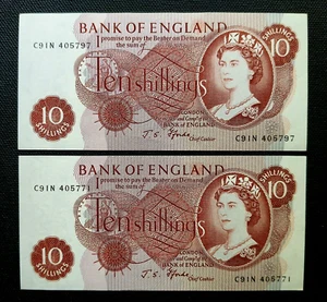 Great Britain GB UK - "10/- ~ TEN SHILLINGS" 2 EF Banknotes, J. S. Fforde - Picture 1 of 18