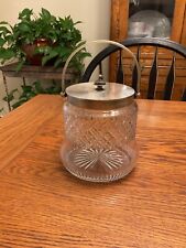 VTG Pressed Glass Biscuit Jar with Handle and Silver Plate Lid EPNS 525C