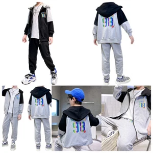 Boys Tracksuit Outfits Hooded Sports Two-Piece Zipper Sweatshirt Color Block - Picture 1 of 30